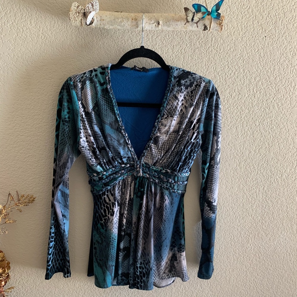 Blue Animal Print Long Sleeve V Neck Top By Sky